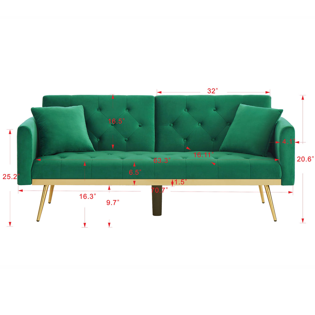 uhomepro Modern Futon, Velvet Sofa Bed, Mid Century Sofa with Metal Legs, 2 Pillows, Love Seat Living Room Furniture for Small Space Office, Beige