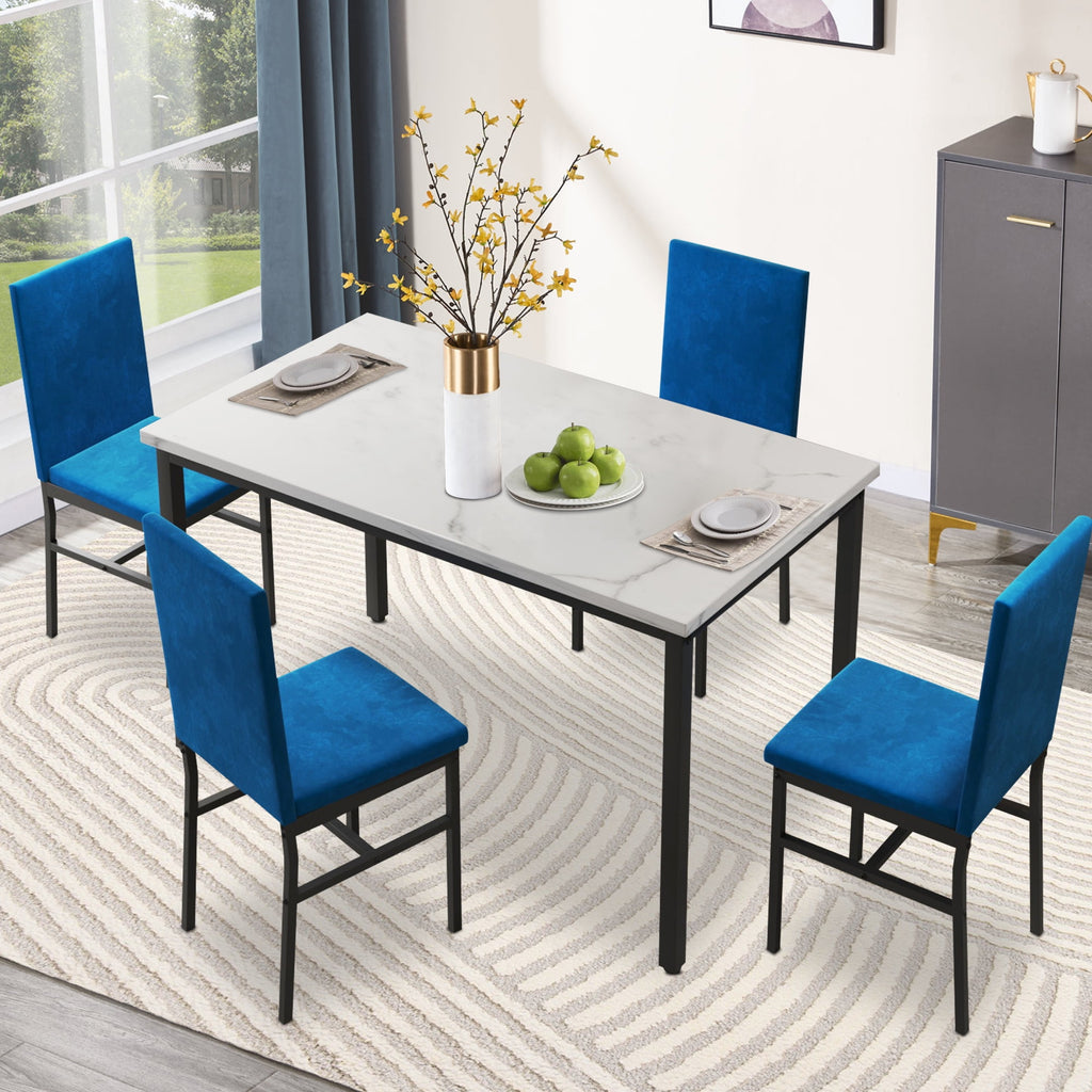 Dining Table Set for 4,  Wood Dine Table with 4 Velvet Chairs, Modern Kitchen Table Set for Home, Breakfast Nook, Cafeteria Dining Room, JA4366