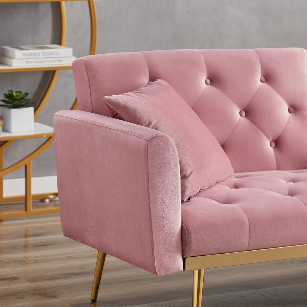 uhomepro Modern Futon, Velvet Sofa Bed, Mid Century Sofa with Metal Legs, 2 Pillows, Love Seat Living Room Furniture for Small Space Office, Beige