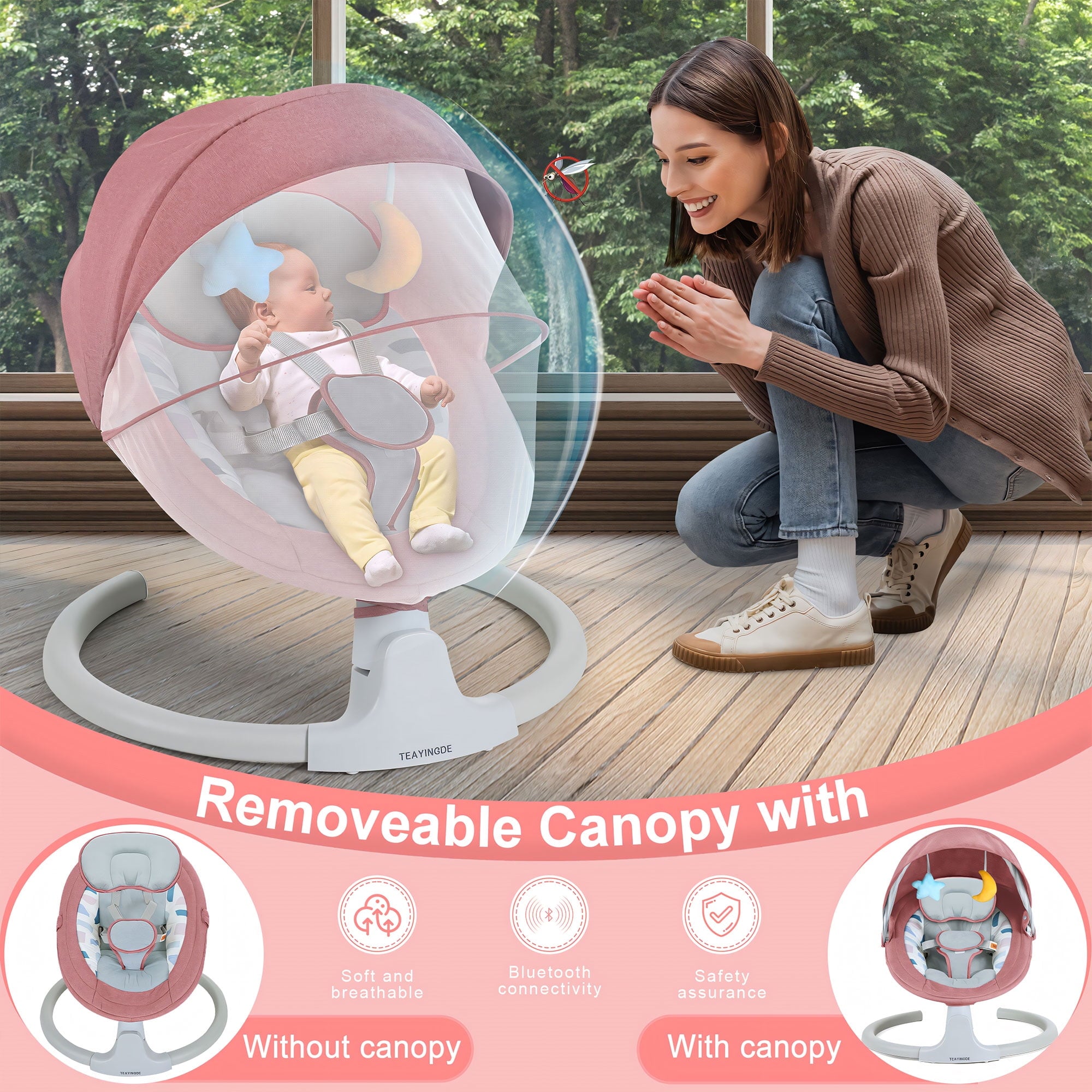 TEAYINGDE Baby Swing for Infants - APP Remote Bluetooth Control, 5 Speed Settings, 10 Lullabies, USB Plug (Gray)