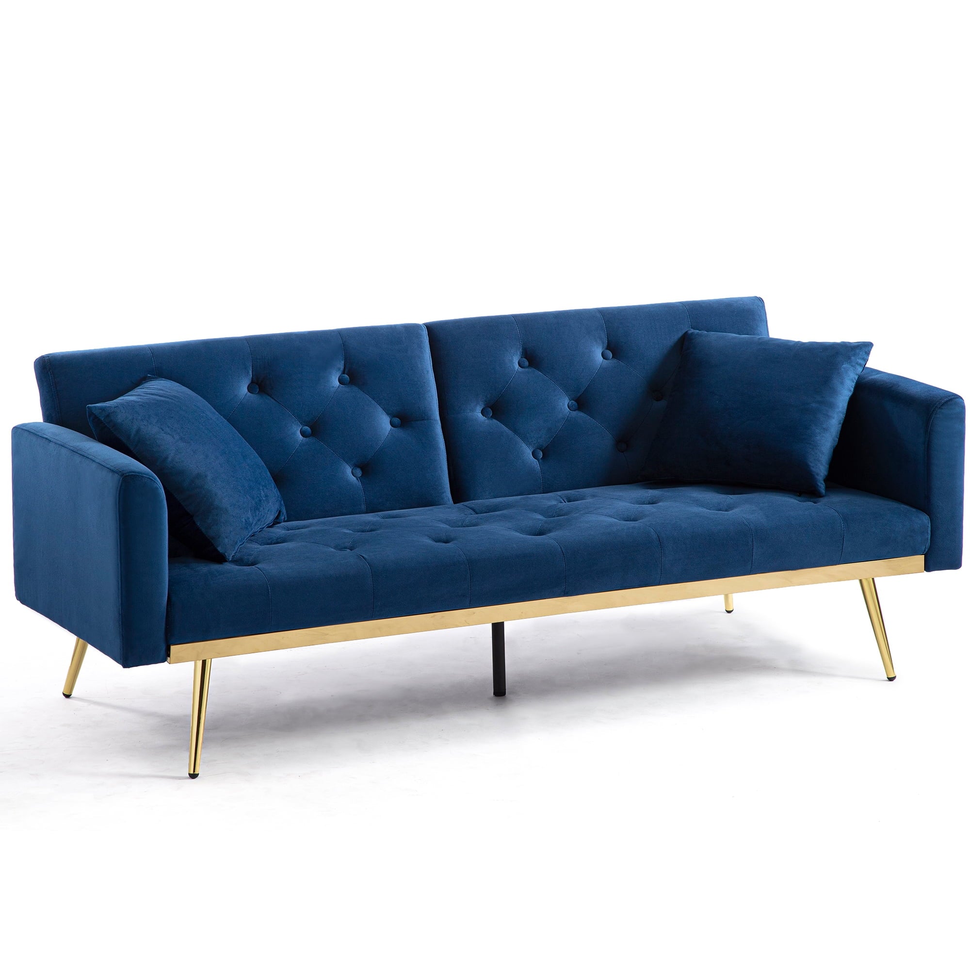 uhomepro Modern Futon, Velvet Sofa Bed, Mid Century Sofa with Metal Legs, 2 Pillows, Love Seat Living Room Furniture for Small Space Office, Beige
