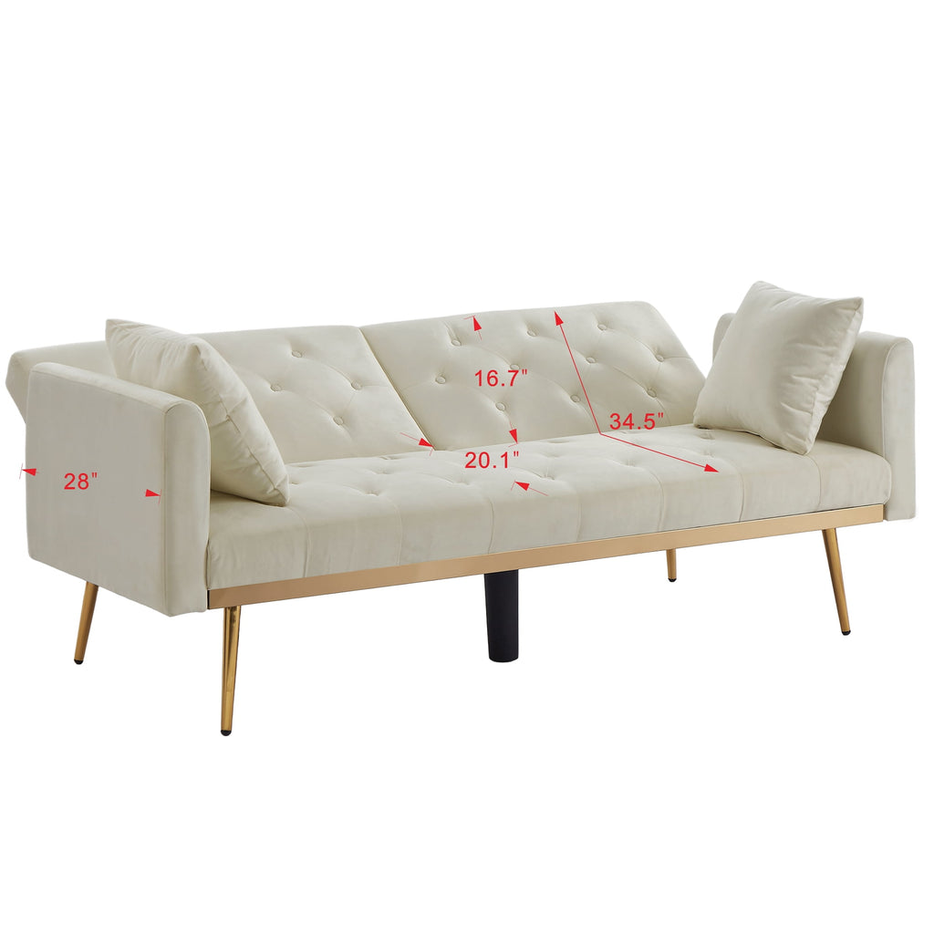 uhomepro Modern Futon, Velvet Sofa Bed, Mid Century Sofa with Metal Legs, 2 Pillows, Love Seat Living Room Furniture for Small Space Office, Beige