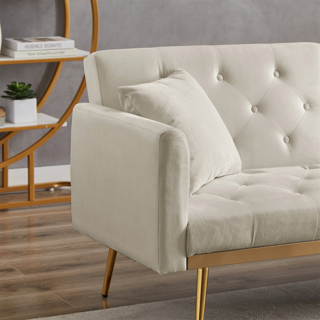 uhomepro Modern Futon, Velvet Sofa Bed, Mid Century Sofa with Metal Legs, 2 Pillows, Love Seat Living Room Furniture for Small Space Office, Beige
