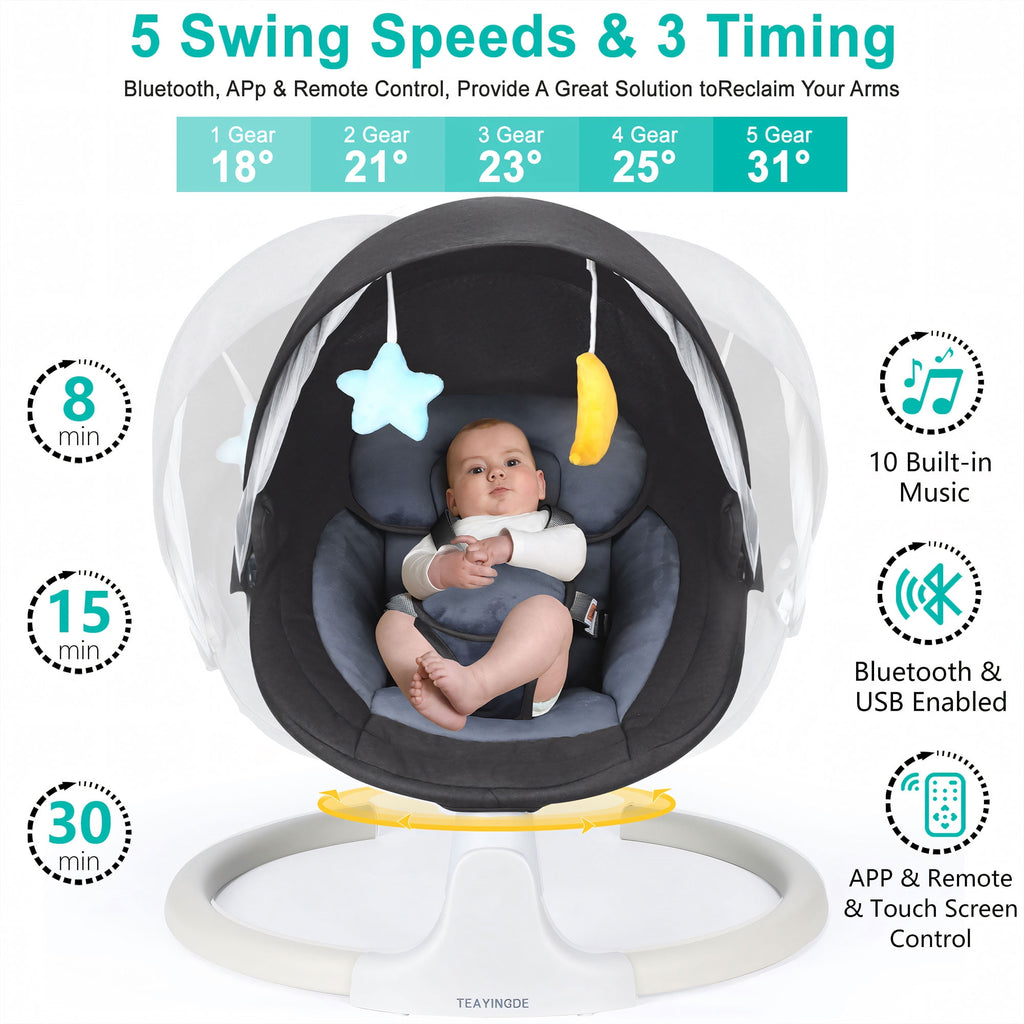 TEAYINGDE Baby Swing for Infants - APP Remote Bluetooth Control, 5 Speed Settings, 10 Lullabies, USB Plug (Gray)