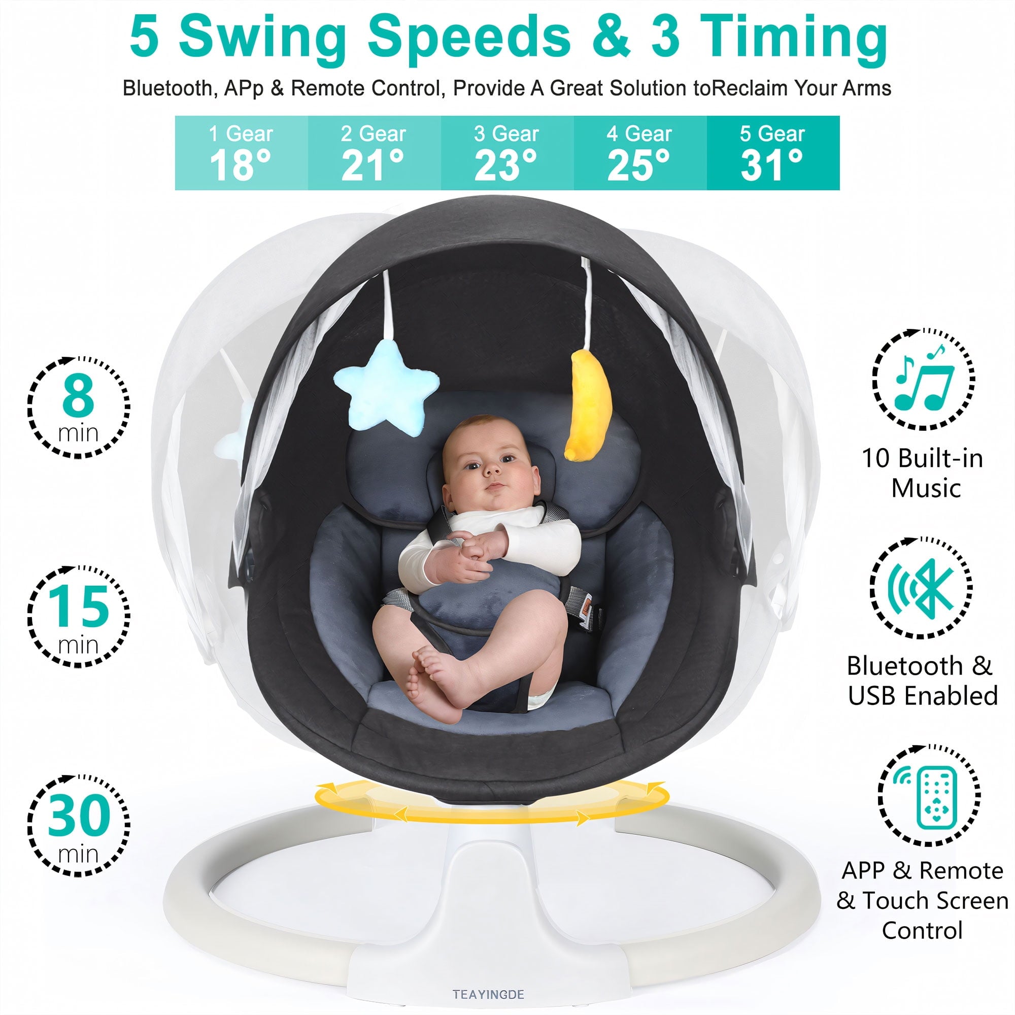 TEAYINGDE Baby Swing for Infants - APP Remote Bluetooth Control, 5 Speed Settings, 10 Lullabies, USB Plug (Gray)