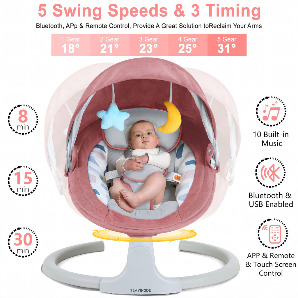 TEAYINGDE Baby Swing for Infants - APP Remote Bluetooth Control, 5 Speed Settings, 10 Lullabies, USB Plug (Gray)