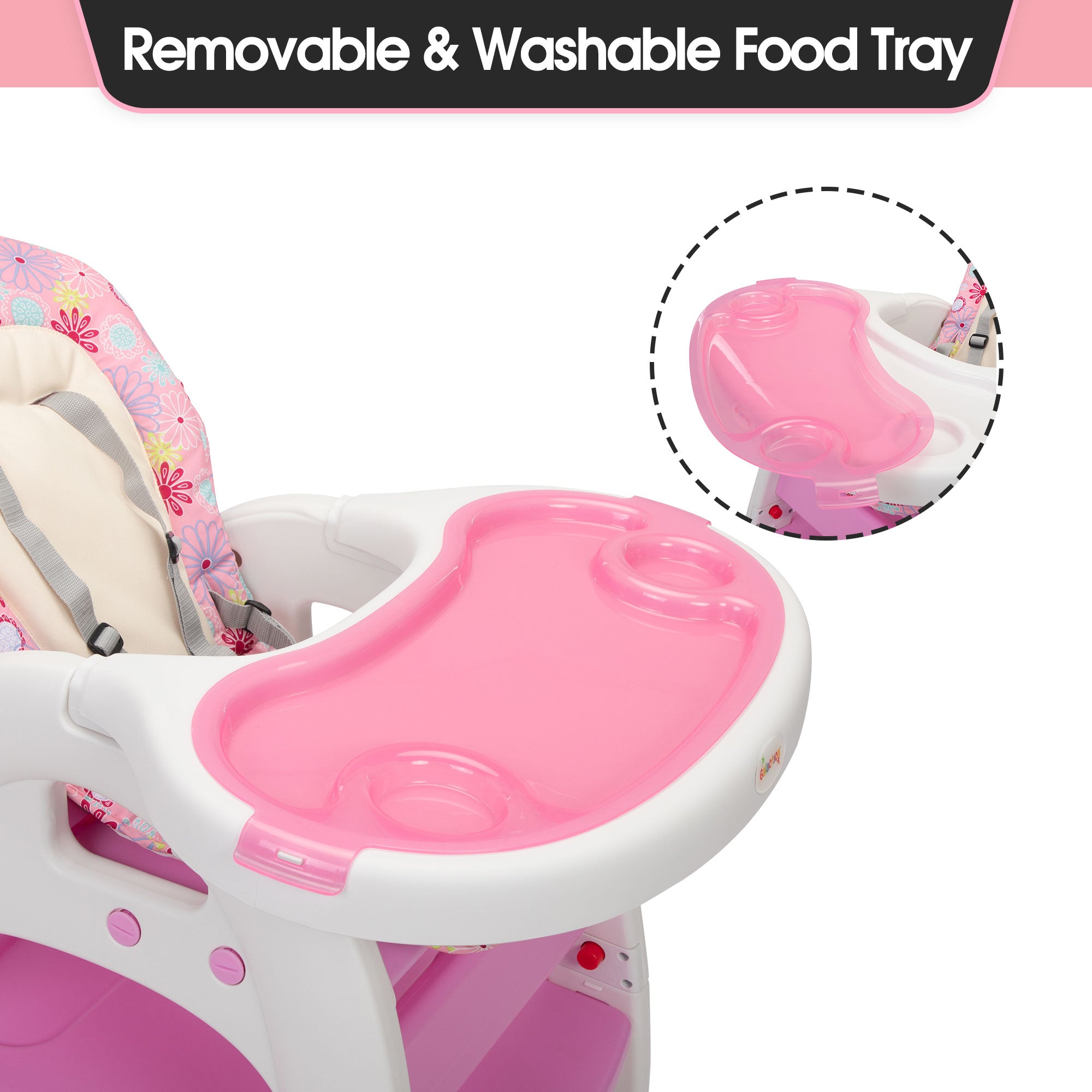 TOBBI 3 in 1 Baby High Chair Convertible Toddler Table Chair Set, Play Seat Booster with Feeding Tray, Adjustable Seat Back, Pink