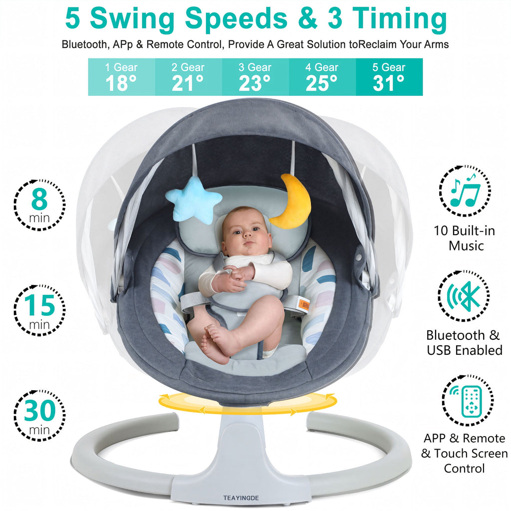 TEAYINGDE Baby Swing for Infants - APP Remote Bluetooth Control, 5 Speed Settings, 10 Lullabies, USB Plug (Gray)