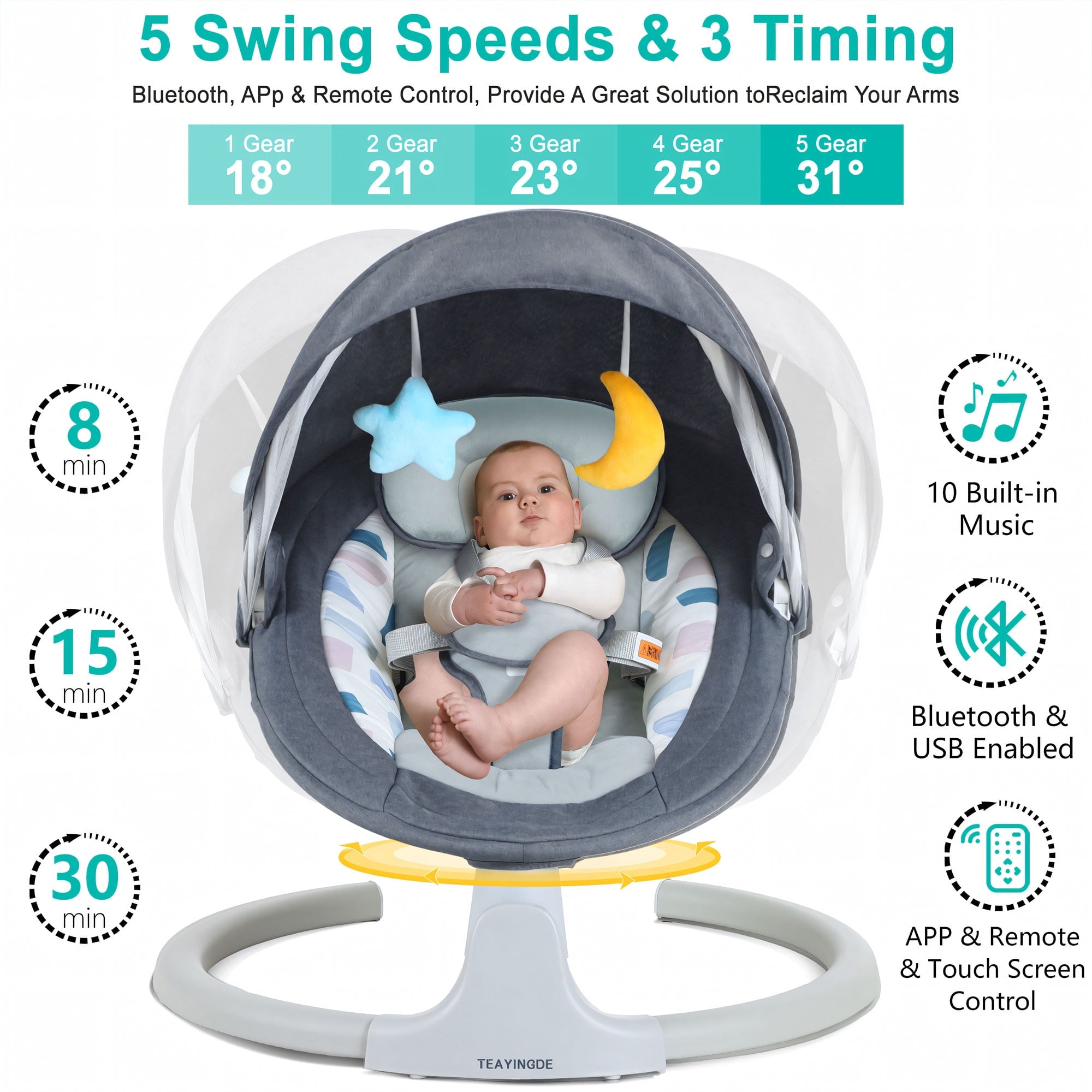TEAYINGDE Baby Swing for Infants - APP Remote Bluetooth Control, 5 Speed Settings, 10 Lullabies, USB Plug (Gray)