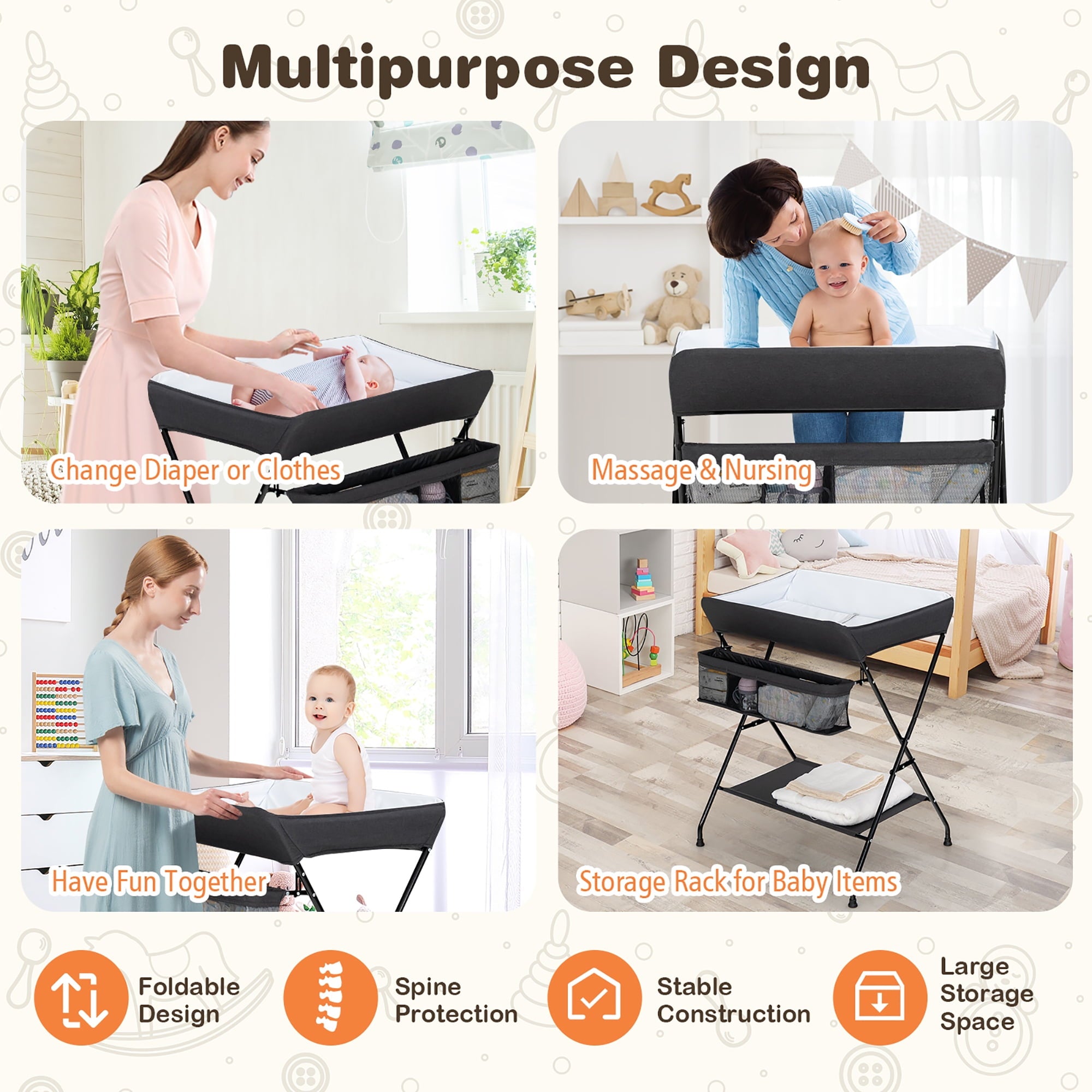 Costway Baby Infant Changing Table Folding Diaper Station Nursery with Storage Black