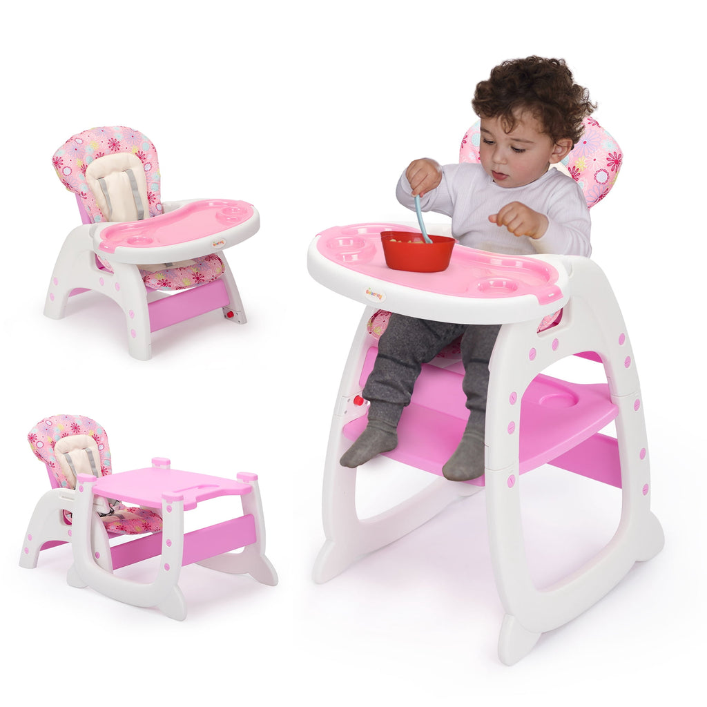 TOBBI 3 in 1 Baby High Chair Convertible Toddler Table Chair Set, Play Seat Booster with Feeding Tray, Adjustable Seat Back, Pink