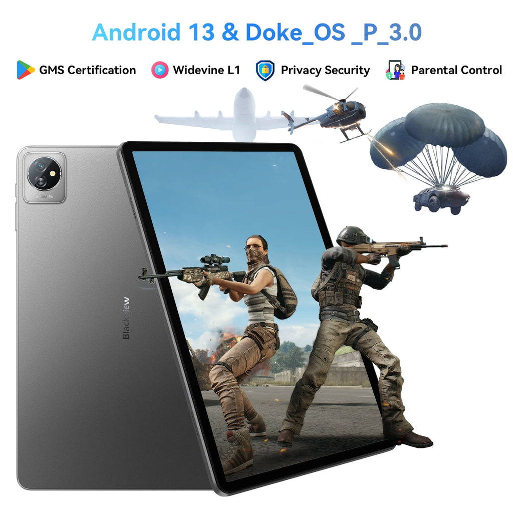 Tablet Blackview Tab 70 Wifi 10 inch Tablet 64GB ROM 8GB RAM Android 13, Google GMS Widevine L1 WiFi 6 Tablet for Kids with Case, Gray