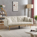uhomepro Modern Futon, Velvet Sofa Bed, Mid Century Sofa with Metal Legs, 2 Pillows, Love Seat Living Room Furniture for Small Space Office, Beige