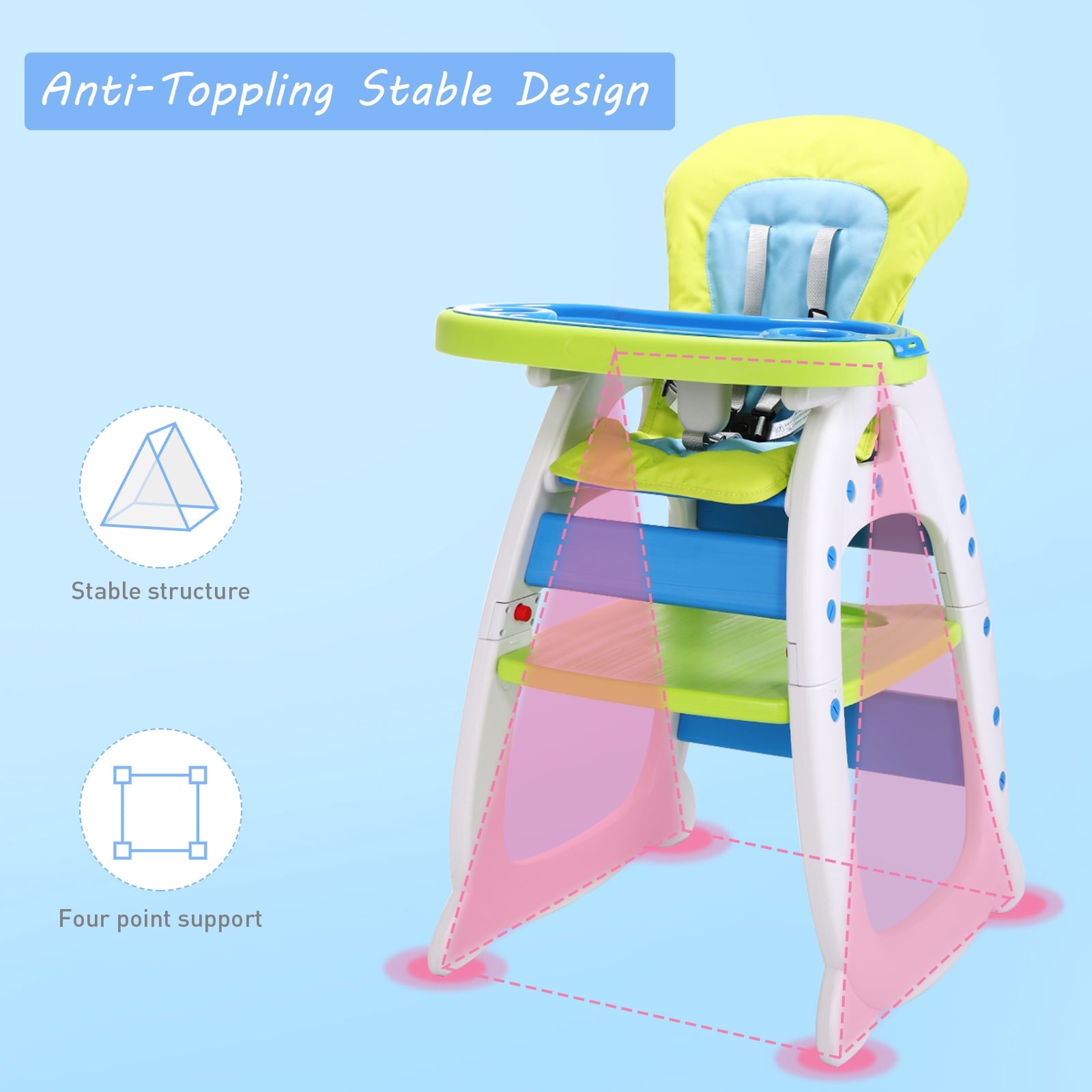 TOBBI 3 in 1 Baby High Chair Convertible Toddler Table Chair Set, Play Seat Booster with Feeding Tray, Adjustable Seat Back, Pink