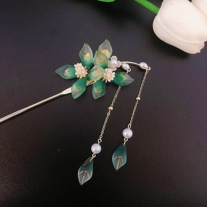 Buddha Stones Flower Leaf Pearl Peace Tassel Hairpin