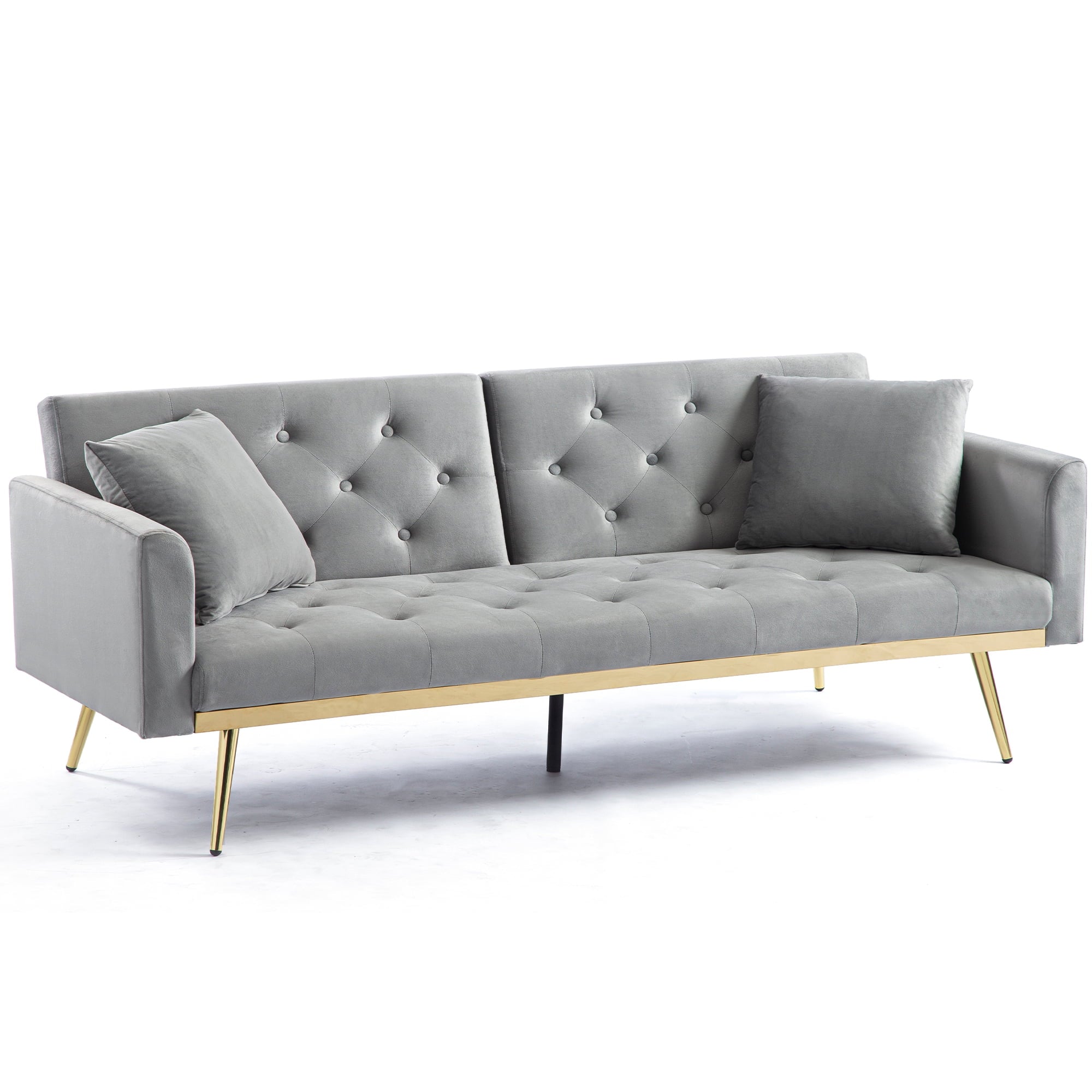 uhomepro Modern Futon, Velvet Sofa Bed, Mid Century Sofa with Metal Legs, 2 Pillows, Love Seat Living Room Furniture for Small Space Office, Beige