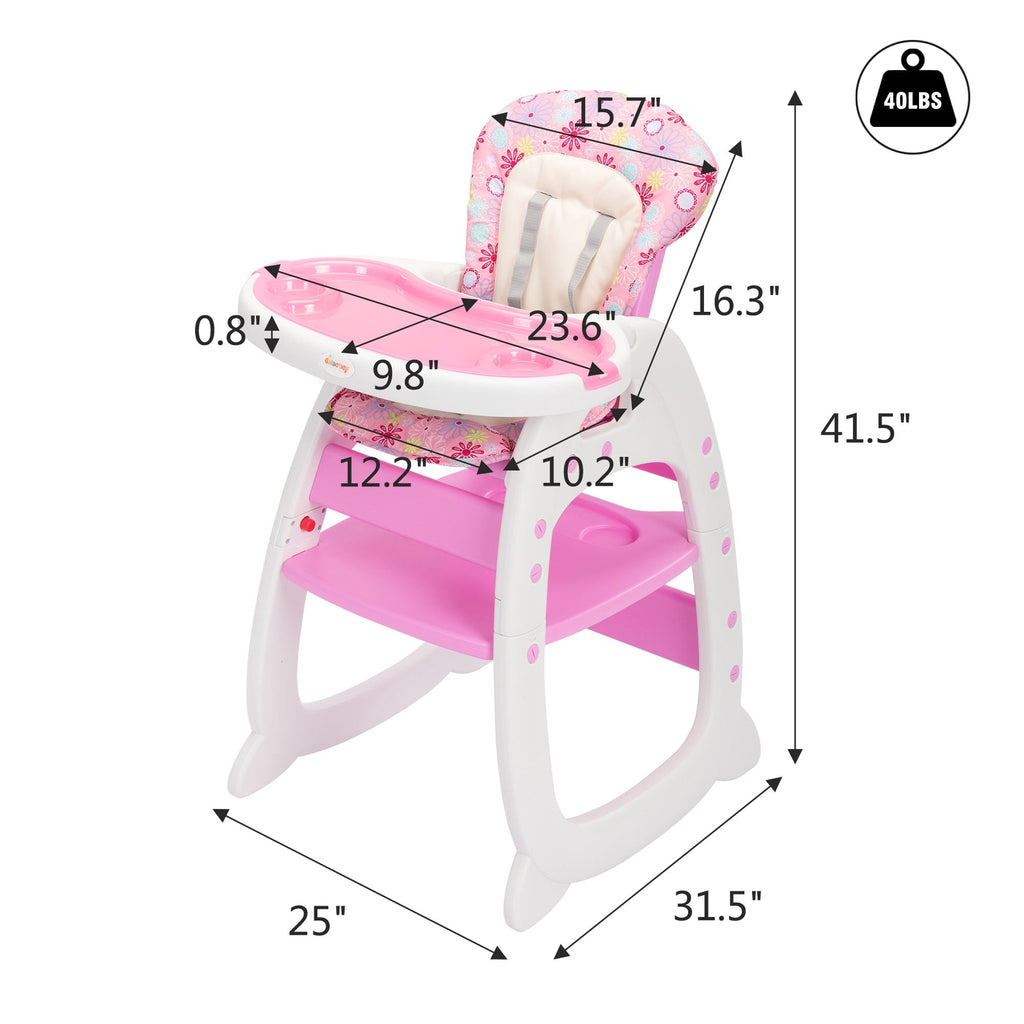 TOBBI 3 in 1 Baby High Chair Convertible Toddler Table Chair Set, Play Seat Booster with Feeding Tray, Adjustable Seat Back, Pink