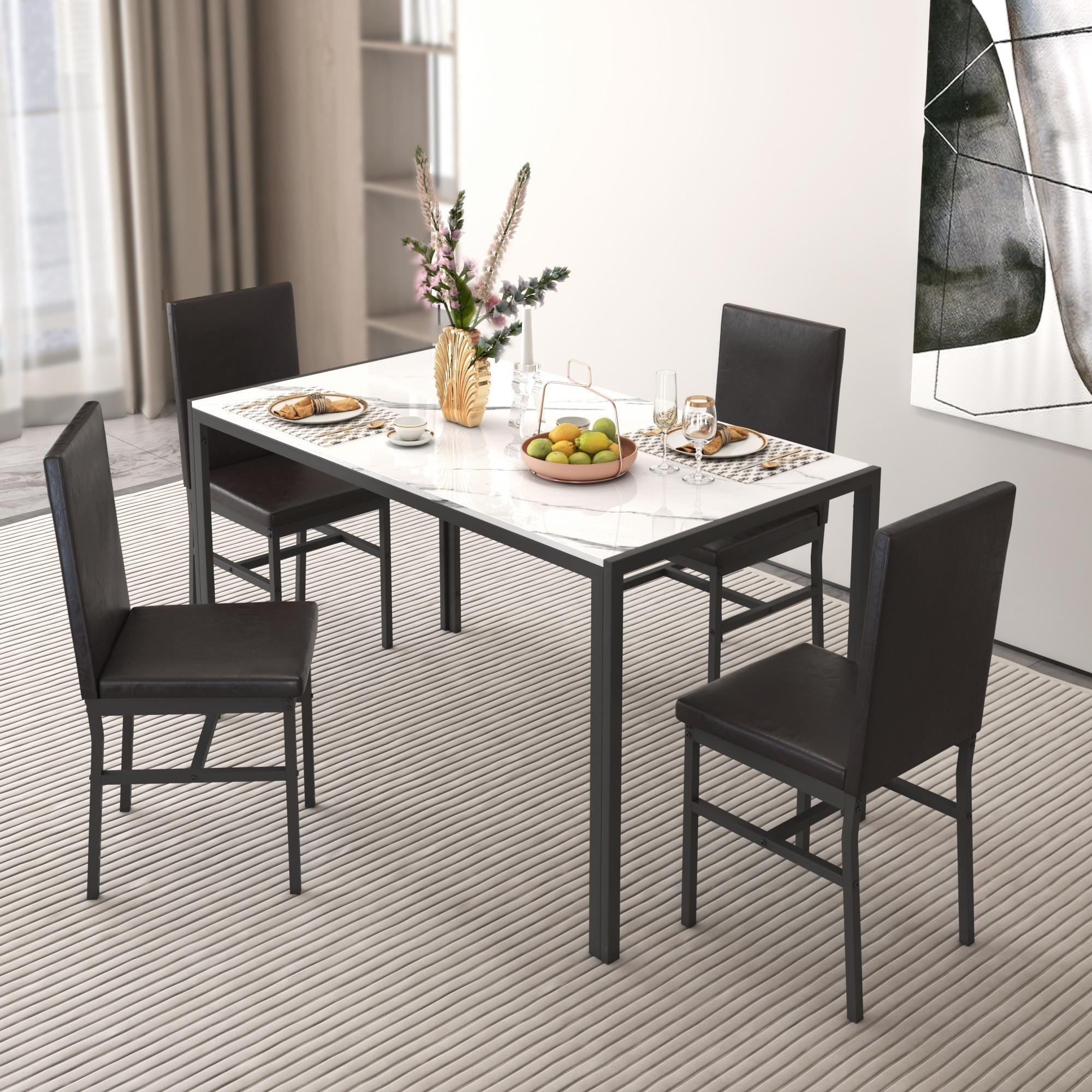 Dining Table Set for 4,  Wood Dine Table with 4 Velvet Chairs, Modern Kitchen Table Set for Home, Breakfast Nook, Cafeteria Dining Room, JA4366