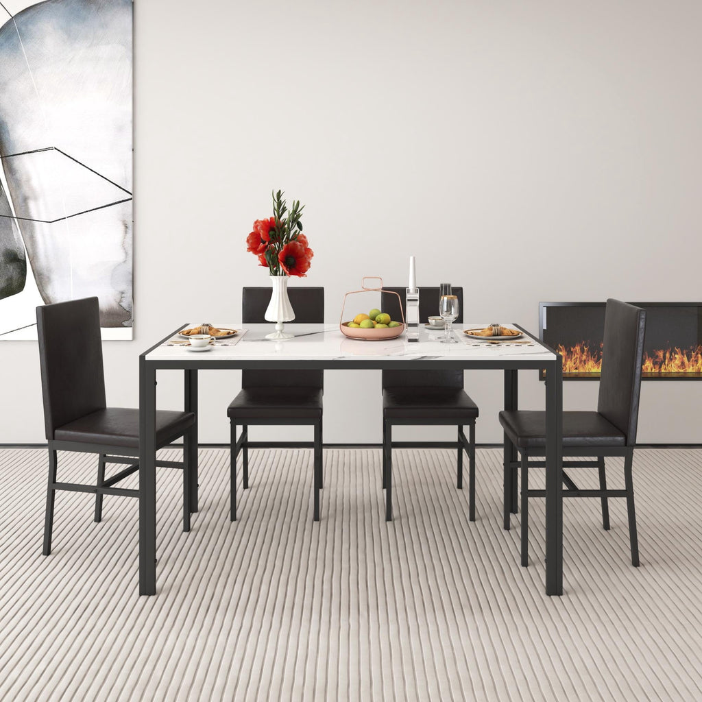 Dining Table Set for 4,  Wood Dine Table with 4 Velvet Chairs, Modern Kitchen Table Set for Home, Breakfast Nook, Cafeteria Dining Room, JA4366
