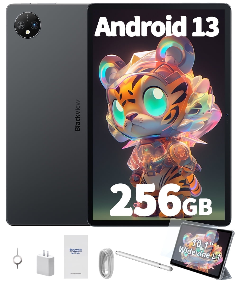 Tablet Blackview Tab 70 Wifi 10 inch Tablet 64GB ROM 8GB RAM Android 13, Google GMS Widevine L1 WiFi 6 Tablet for Kids with Case, Gray