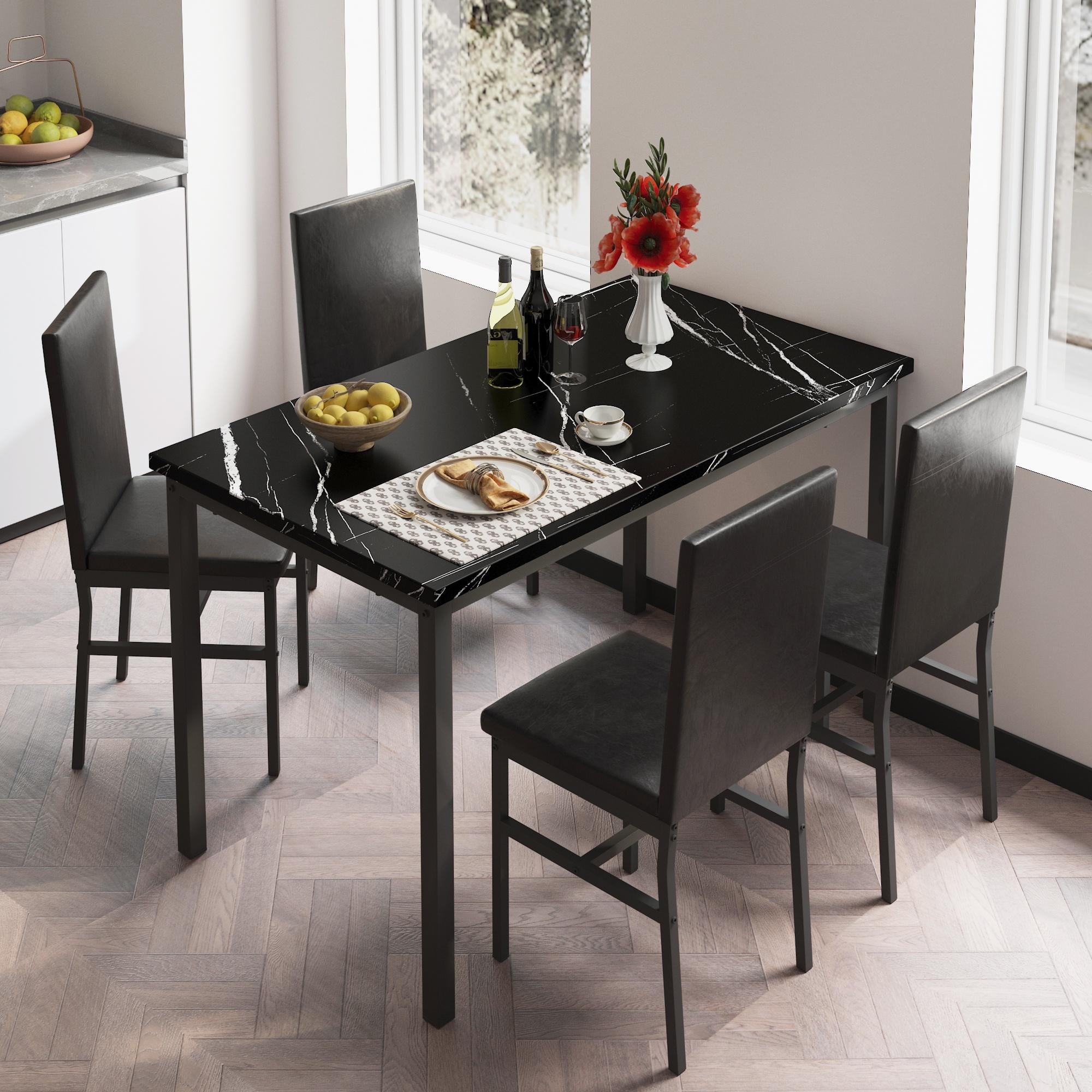 Dining Table Set for 4,  Wood Dine Table with 4 Velvet Chairs, Modern Kitchen Table Set for Home, Breakfast Nook, Cafeteria Dining Room, JA4366