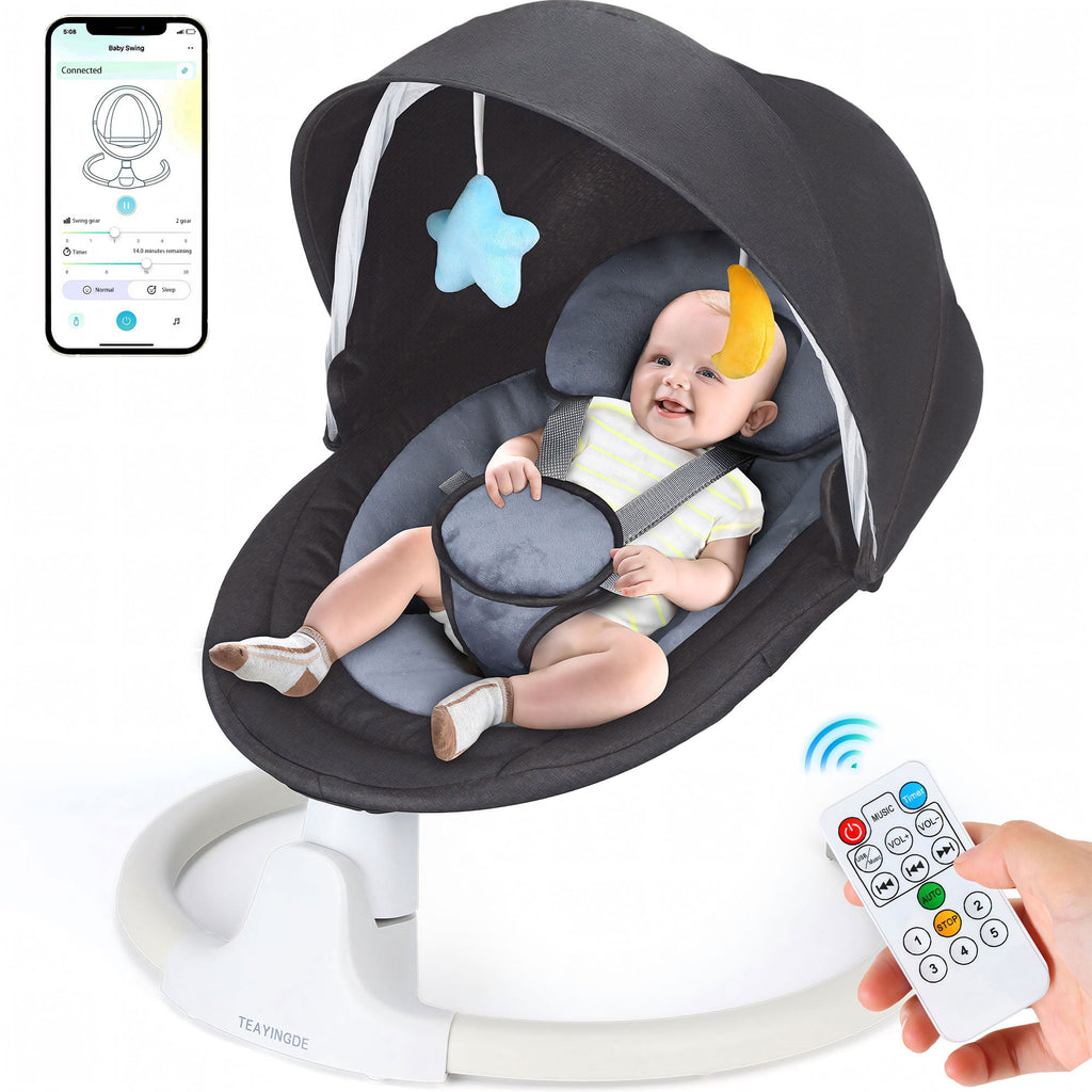 TEAYINGDE Baby Swing for Infants - APP Remote Bluetooth Control, 5 Speed Settings, 10 Lullabies, USB Plug (Gray)