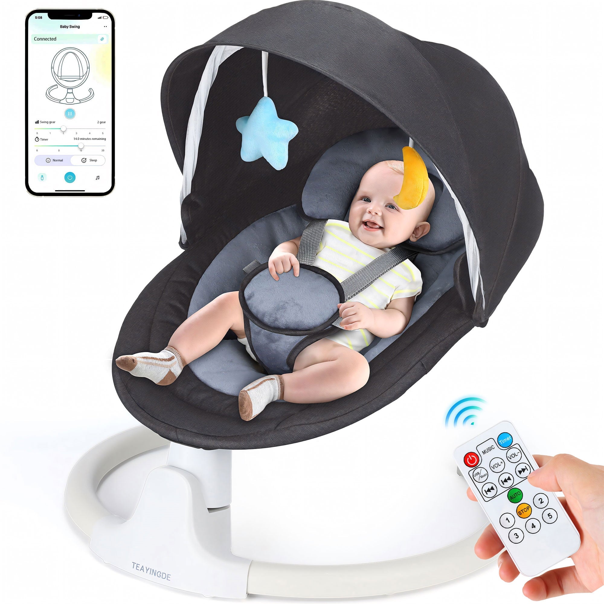 TEAYINGDE Baby Swing for Infants - APP Remote Bluetooth Control, 5 Speed Settings, 10 Lullabies, USB Plug (Gray)