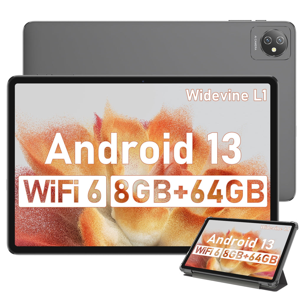 Tablet Blackview Tab 70 Wifi 10 inch Tablet 64GB ROM 8GB RAM Android 13, Google GMS Widevine L1 WiFi 6 Tablet for Kids with Case, Gray