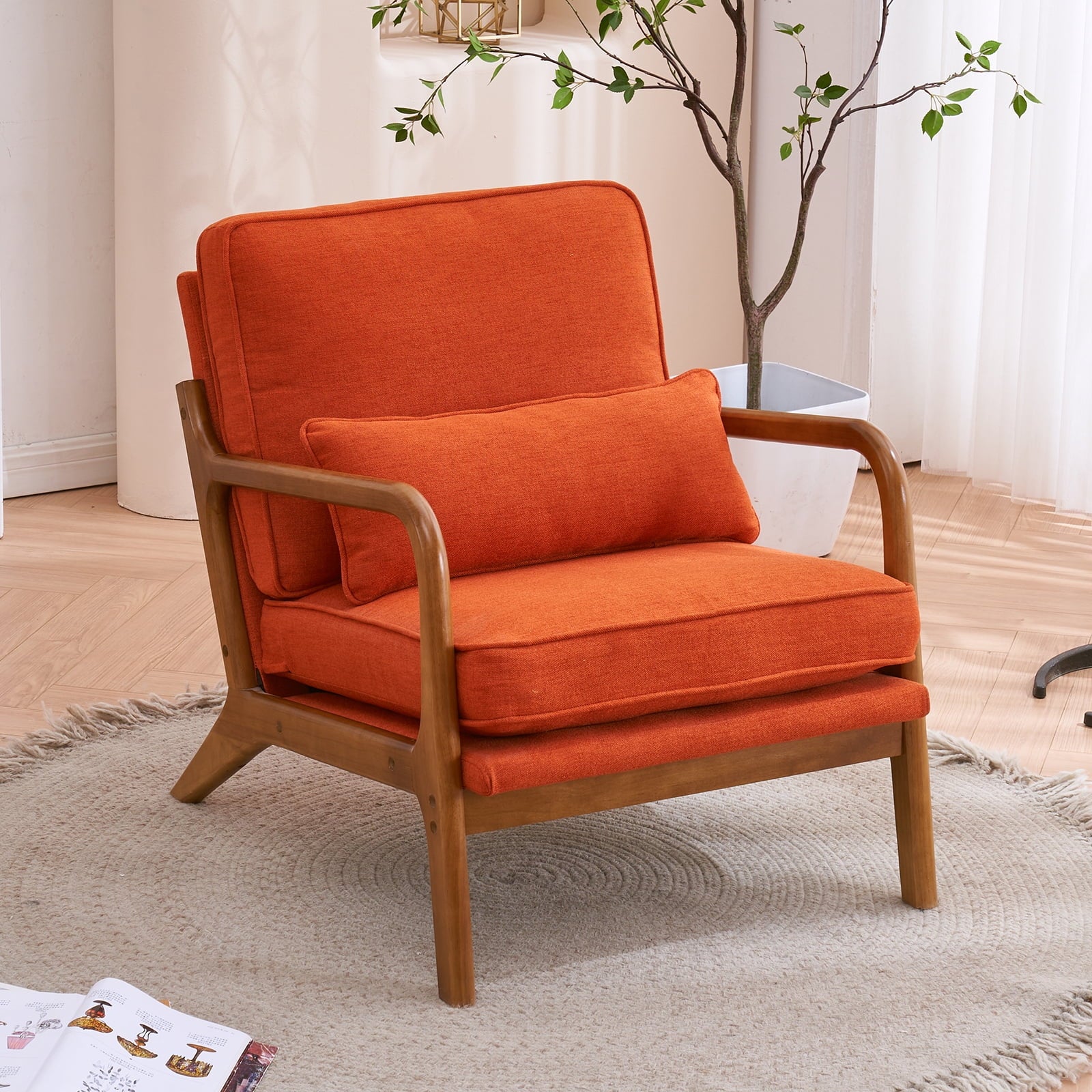 UBesGoo Modern Wood Club Chair Bronzing Cloth Fabric Upholstered Reading Accent Chair with Solid Wood Frame Brown