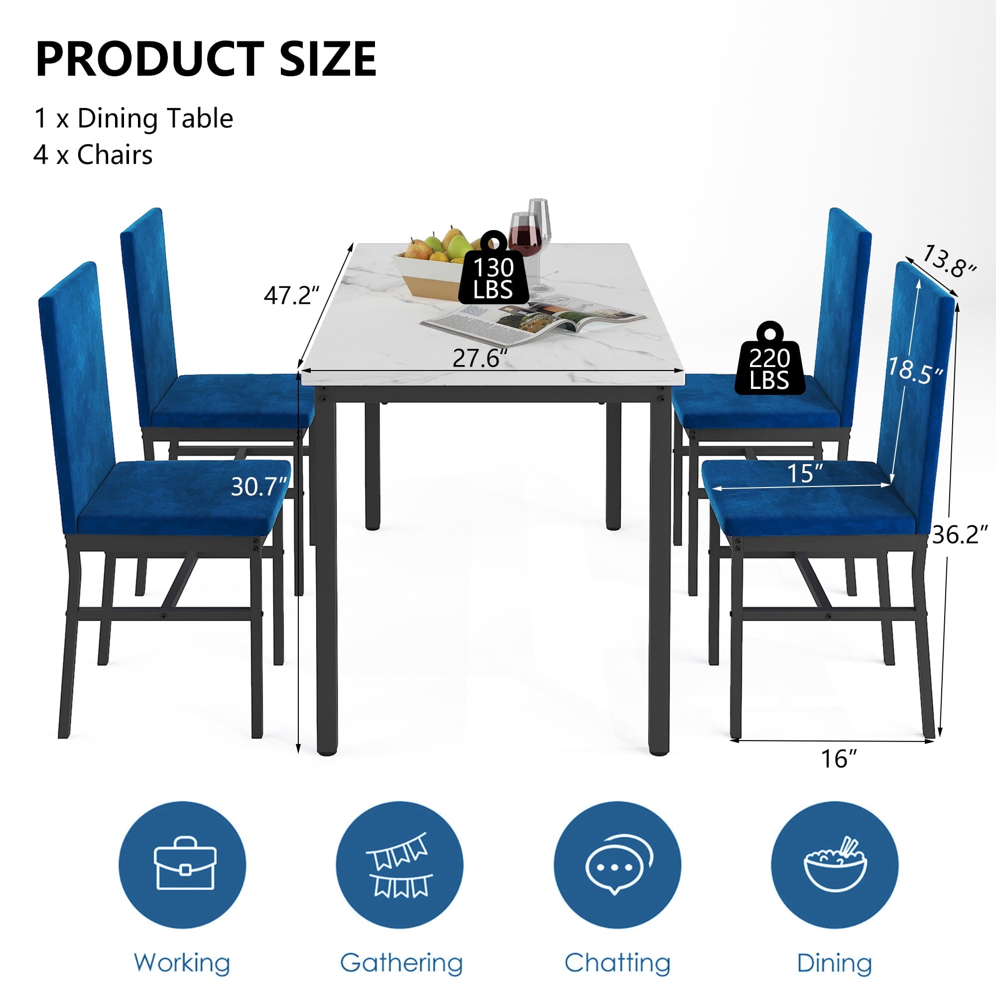 Dining Table Set for 4,  Wood Dine Table with 4 Velvet Chairs, Modern Kitchen Table Set for Home, Breakfast Nook, Cafeteria Dining Room, JA4366