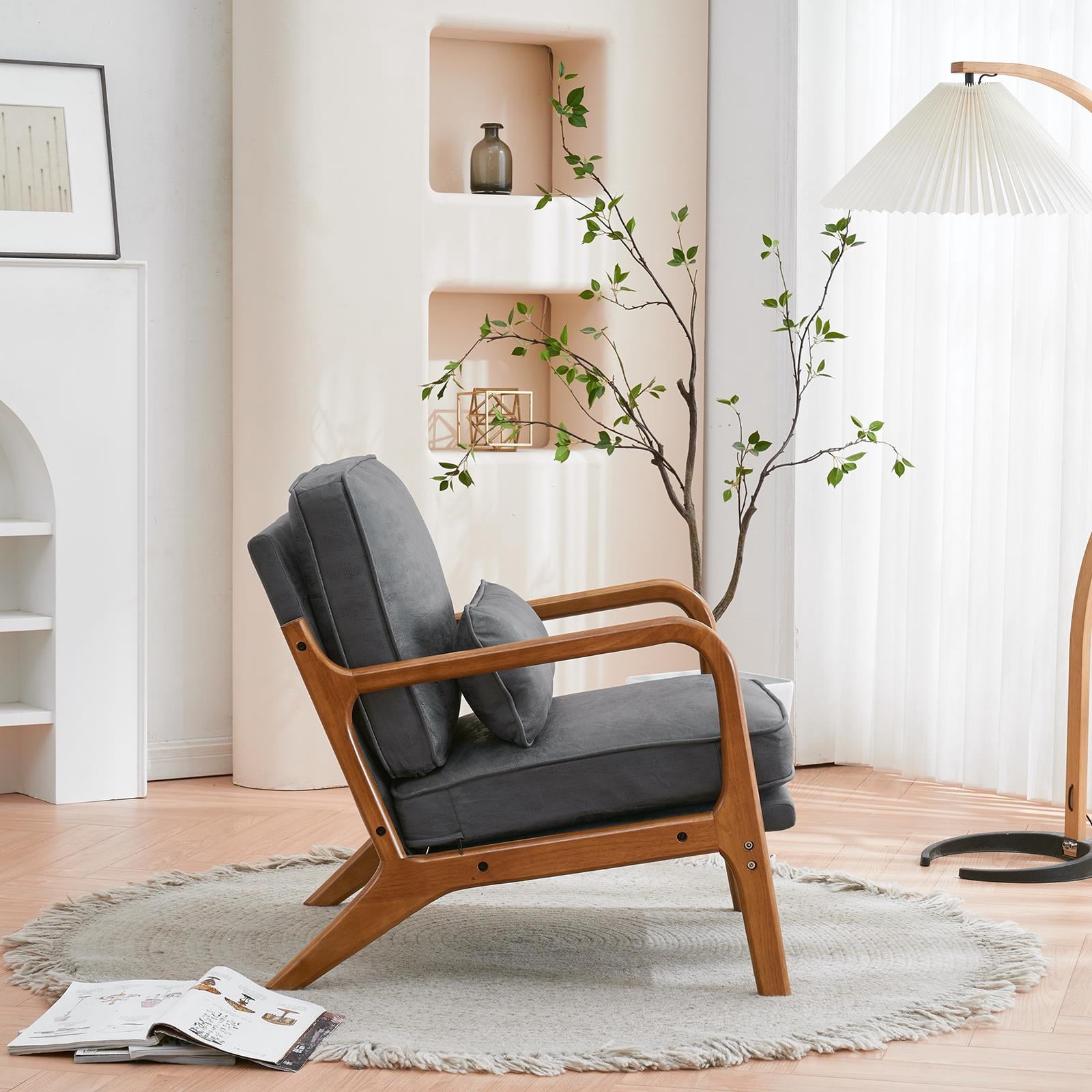 UBesGoo Modern Wood Club Chair Bronzing Cloth Fabric Upholstered Reading Accent Chair with Solid Wood Frame Brown
