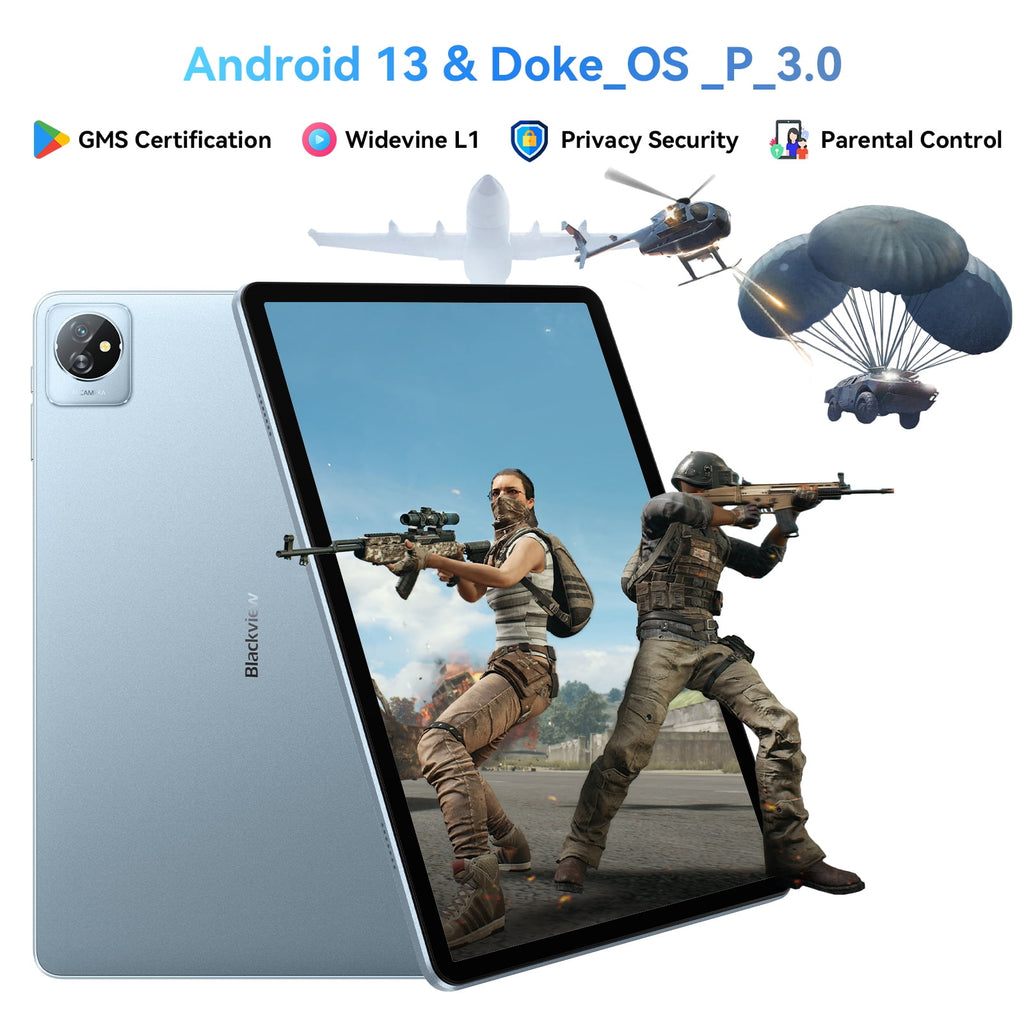Tablet Blackview Tab 70 Wifi 10 inch Tablet 64GB ROM 8GB RAM Android 13, Google GMS Widevine L1 WiFi 6 Tablet for Kids with Case, Gray