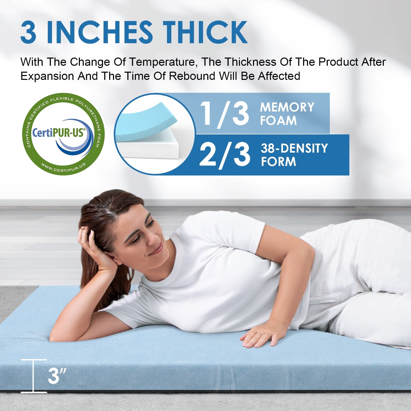 KingChii CertiPUR-US 3" Thick Memory Foam Mattress, Sleeping Bed for Kids Adults,Portable Roll up Sleeping Mats with Removable Waterproof Topper Travel Bag,TWIN/75*38*3 In