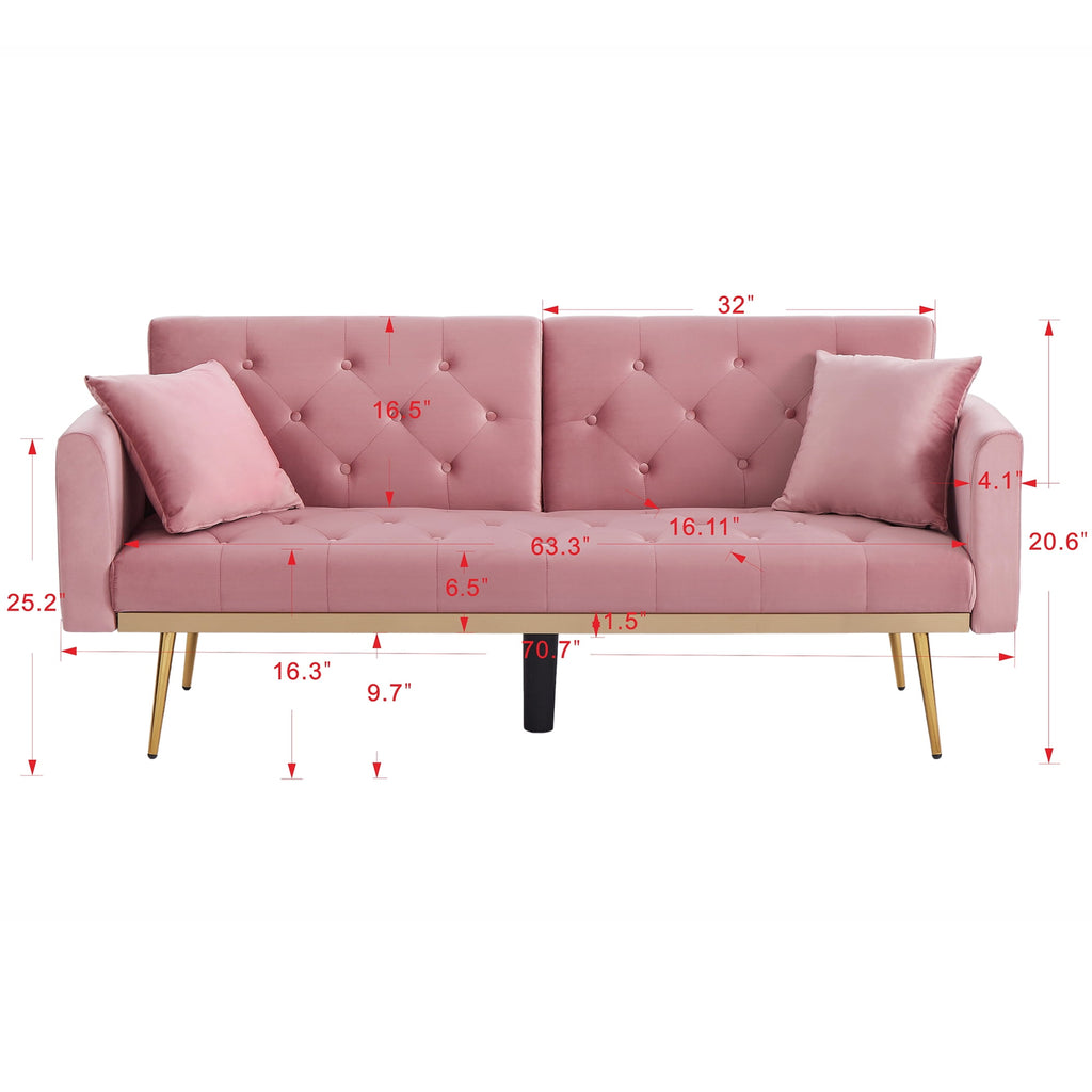 uhomepro Modern Futon, Velvet Sofa Bed, Mid Century Sofa with Metal Legs, 2 Pillows, Love Seat Living Room Furniture for Small Space Office, Beige