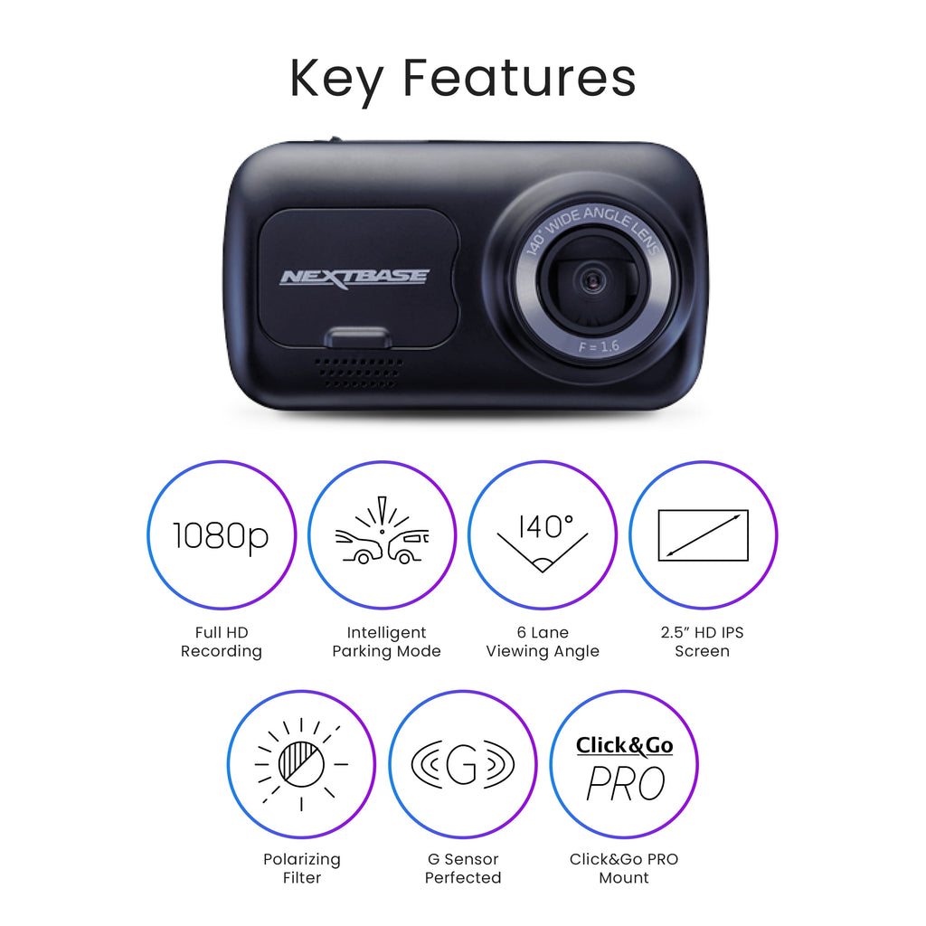 Nextbase 222 Compact Dash Cam in Black 2.5" HD IPS Screen, 1080p Full HD, Intelligent Parking Mode, G Force Sensor, 0.17lbs Assembled.