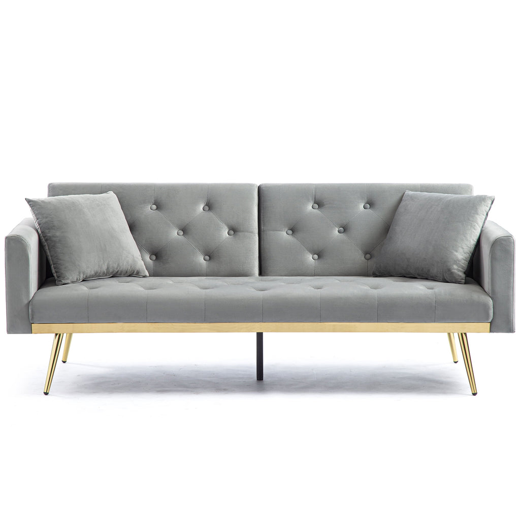 uhomepro Modern Futon, Velvet Sofa Bed, Mid Century Sofa with Metal Legs, 2 Pillows, Love Seat Living Room Furniture for Small Space Office, Beige