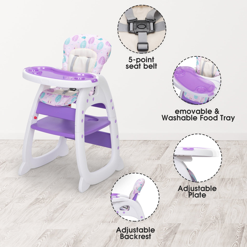 TOBBI 3 in 1 Baby High Chair Convertible Toddler Table Chair Set, Play Seat Booster with Feeding Tray, Adjustable Seat Back, Pink