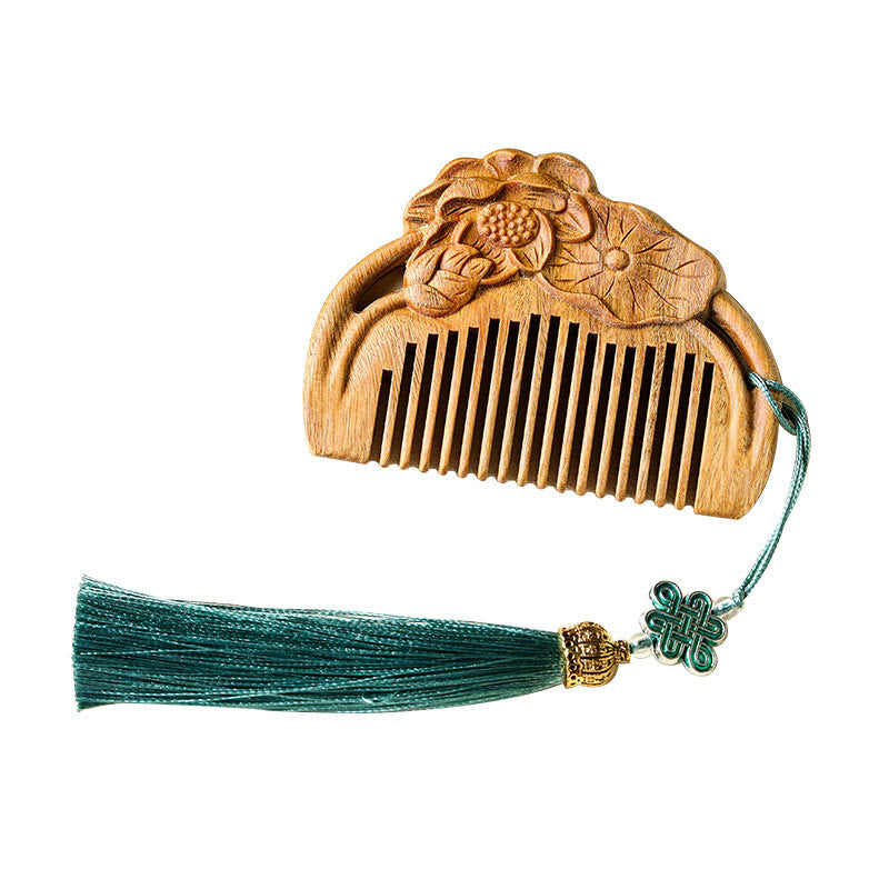 Buddha Stones Natural Green Sandalwood Lotus Flower Leaf Engraved Soothing Comb