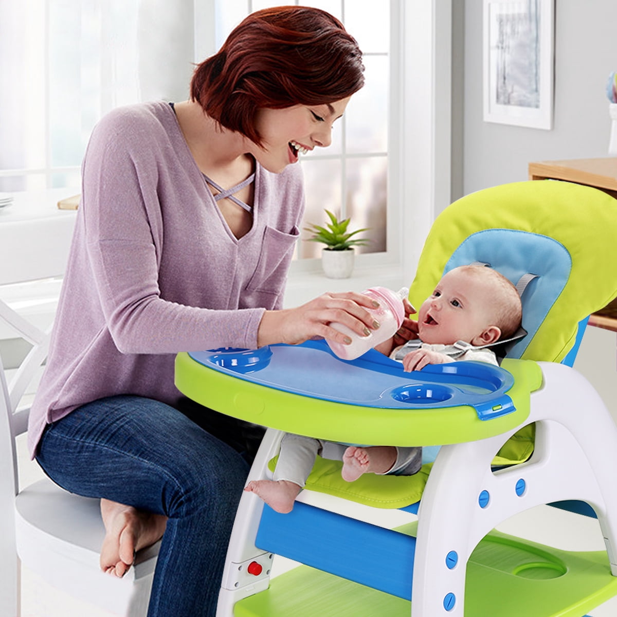 TOBBI 3 in 1 Baby High Chair Convertible Toddler Table Chair Set, Play Seat Booster with Feeding Tray, Adjustable Seat Back, Pink