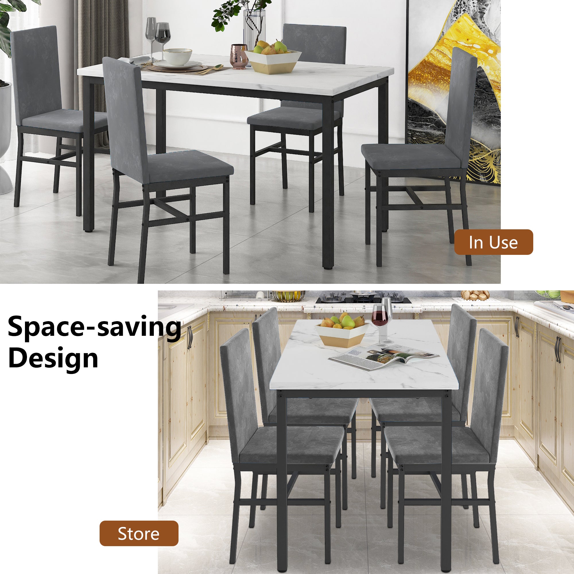 Dining Table Set for 4,  Wood Dine Table with 4 Velvet Chairs, Modern Kitchen Table Set for Home, Breakfast Nook, Cafeteria Dining Room, JA4366