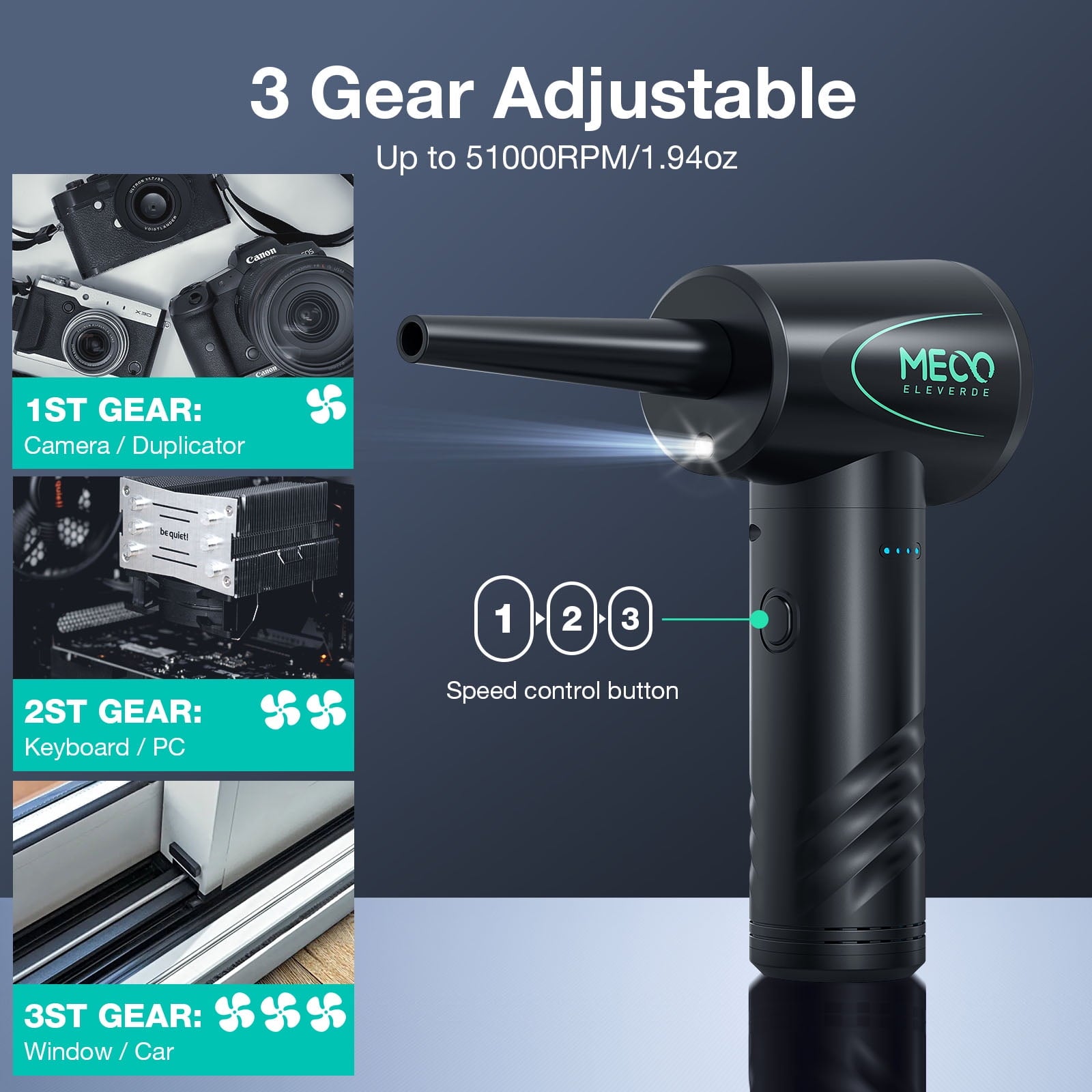 MECO Cordless Compressed Air Duster, Replaces Air Cans, 100000RPM Computer Keyboard Dust Cleaner Blower for Electronic