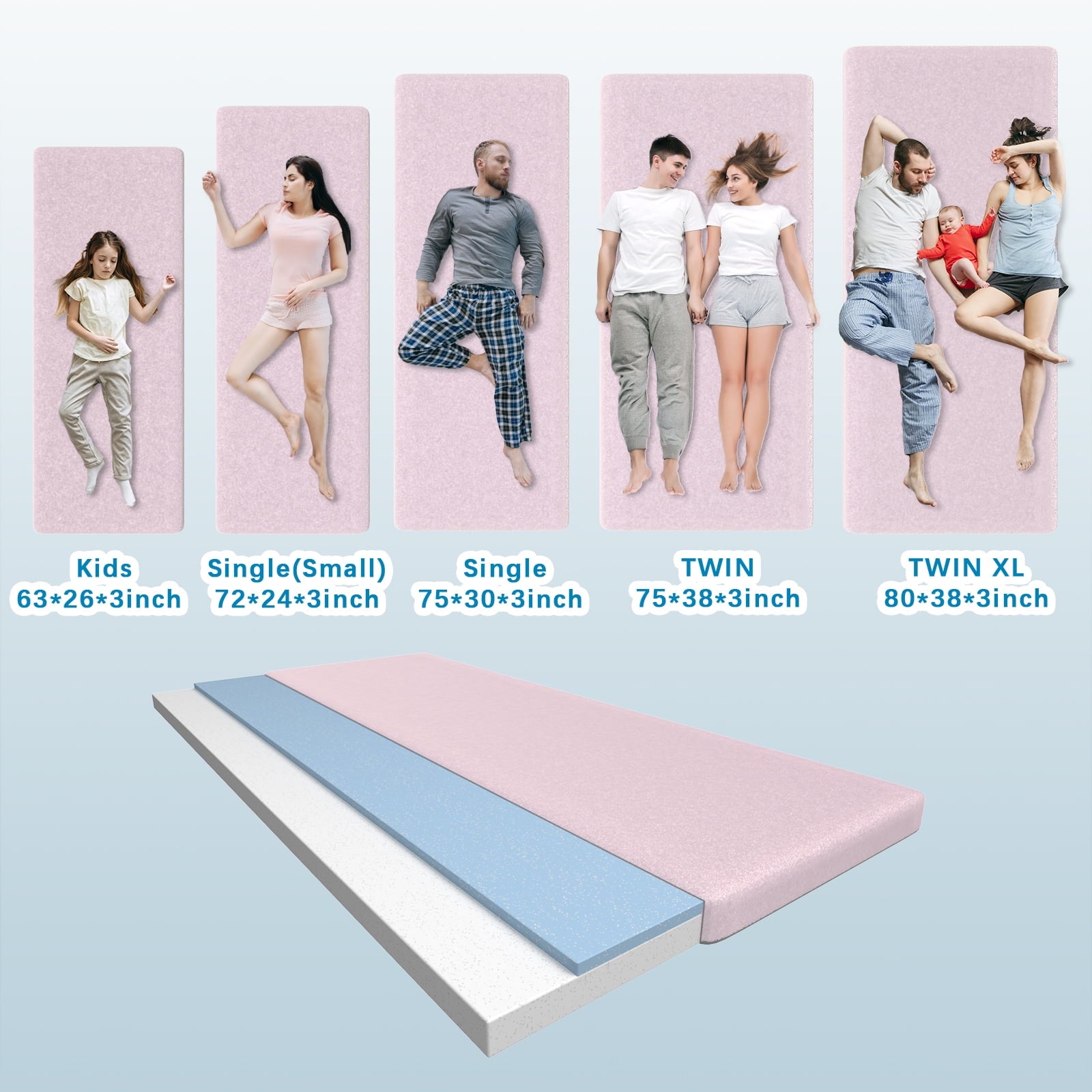 KingChii CertiPUR-US 3" Thick Memory Foam Mattress, Sleeping Bed for Kids Adults,Portable Roll up Sleeping Mats with Removable Waterproof Topper Travel Bag,TWIN/75*38*3 In