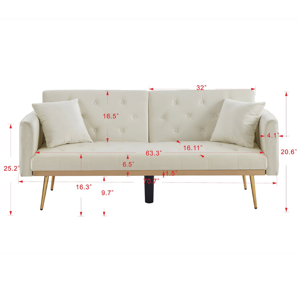 uhomepro Modern Futon, Velvet Sofa Bed, Mid Century Sofa with Metal Legs, 2 Pillows, Love Seat Living Room Furniture for Small Space Office, Beige