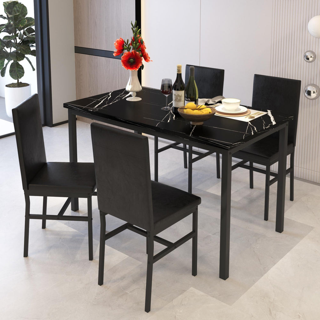 Dining Table Set for 4,  Wood Dine Table with 4 Velvet Chairs, Modern Kitchen Table Set for Home, Breakfast Nook, Cafeteria Dining Room, JA4366
