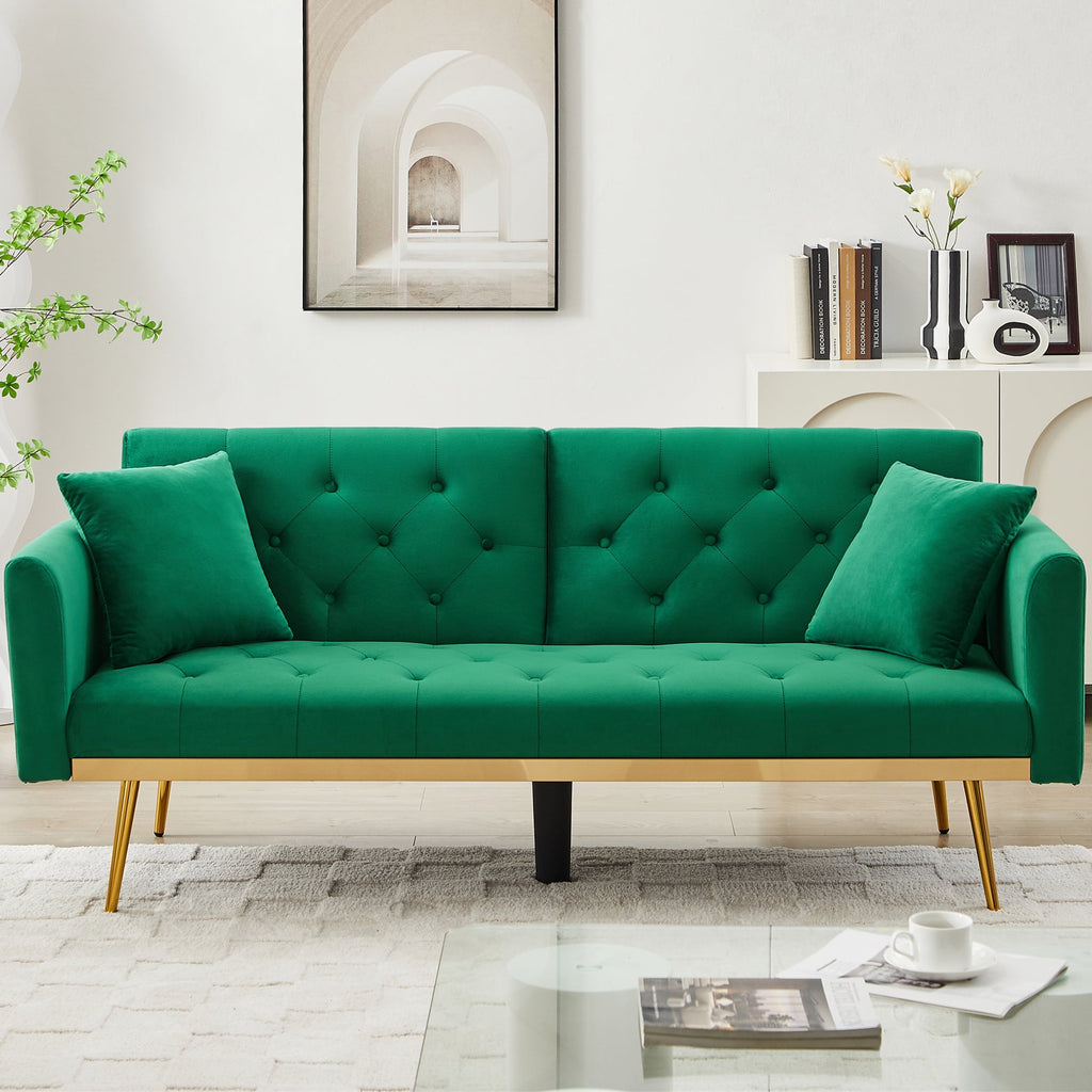 uhomepro Modern Futon, Velvet Sofa Bed, Mid Century Sofa with Metal Legs, 2 Pillows, Love Seat Living Room Furniture for Small Space Office, Beige
